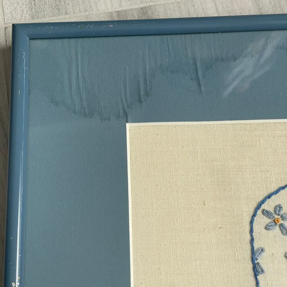 Holly Hobbie Crewel Embroider Art Matte Blue Metal Frame Needlework Vtg READ